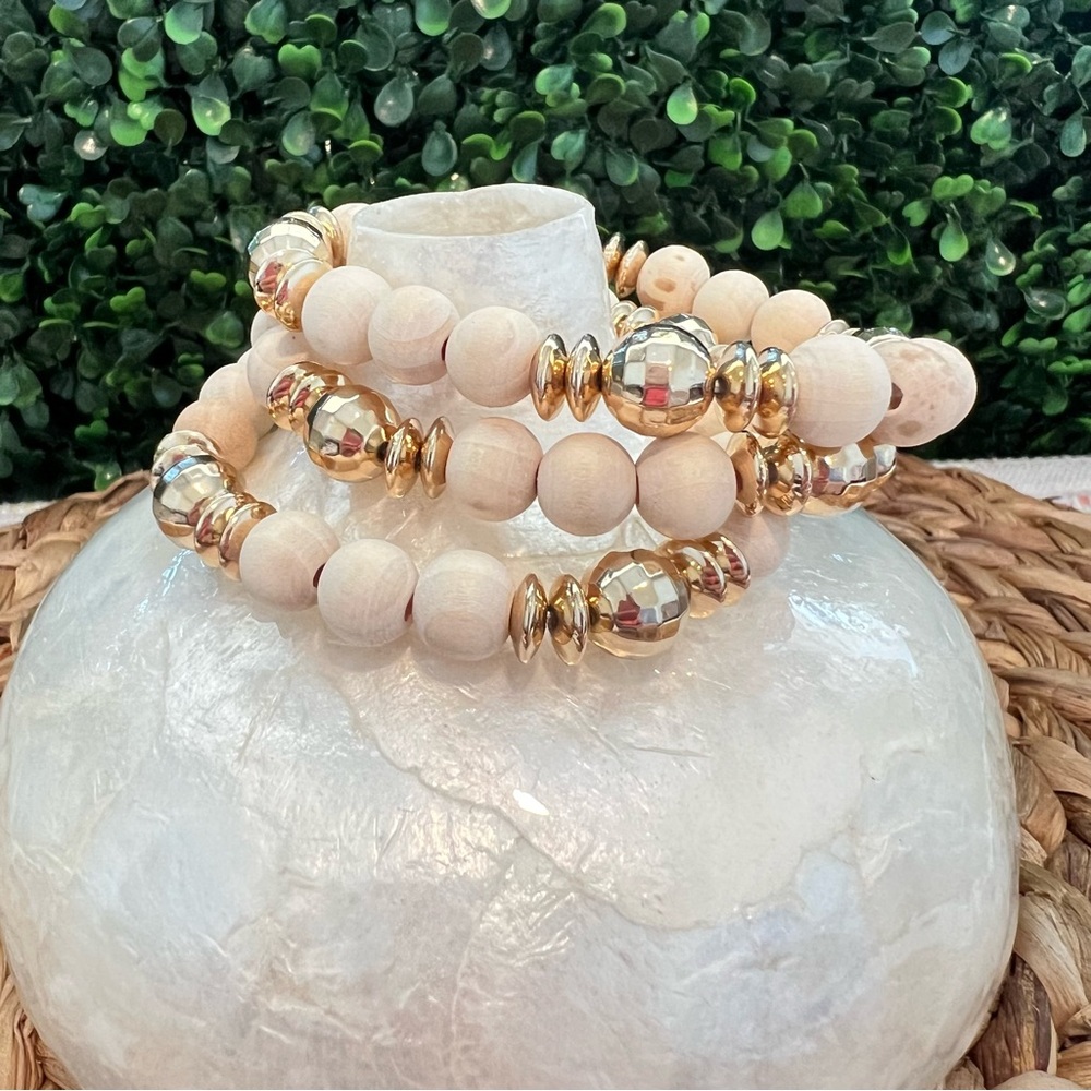 New Set of 3 Boho Stretchy Bracelets | Wood and Gold Beads | Boutique